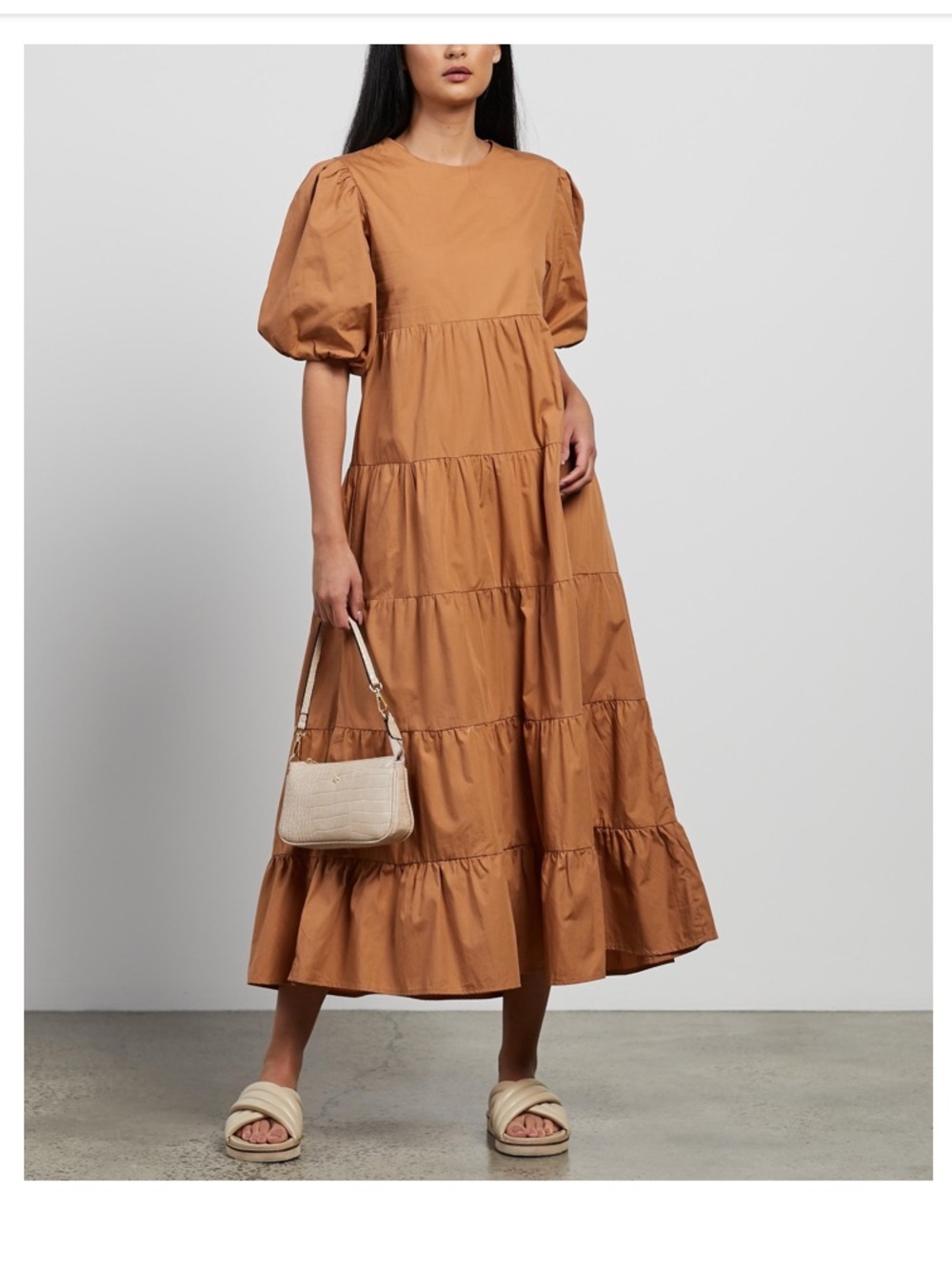 Faithfull the Brand Tiered Puff-Sleeve Maxi Dress in Caramel size XS 100% cotton